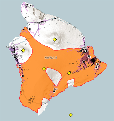 Map with the orange and red hazard zone
