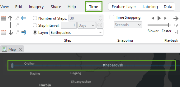 Time tab on the ribbon and time slider on the map