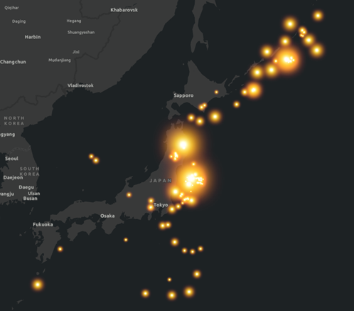 Map of earthquakes in Japan