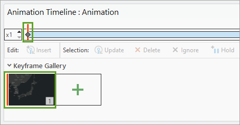 First keyframe and the current time indicator in the Animation Timeline pane