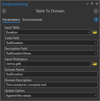 Table To Domain geoprocessing tool parameters