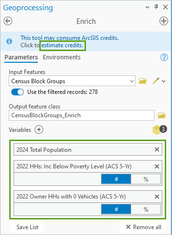 Three variables listed in the Enrich tool