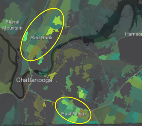 Map with the communities of Red Bank to the northwest and East Ridge to the south circled