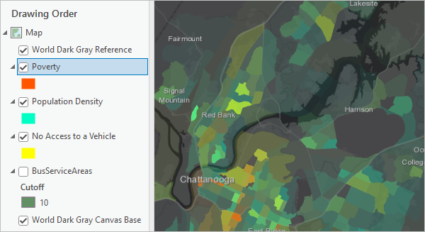 Contents pane and map with three transparent colors overlaid