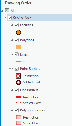 Service Area layer in the Contents pane with six sublayers