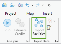 Import Facilities button on the Service Area Layer tab of the ribbon