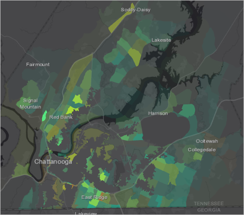 Map with bus service areas masked from the three block group layers