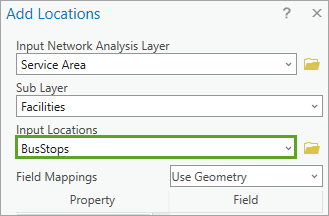 The Add Locations tool with Input Locations set to BusStops