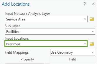 The Add Locations window with Input Locations set to BusStops