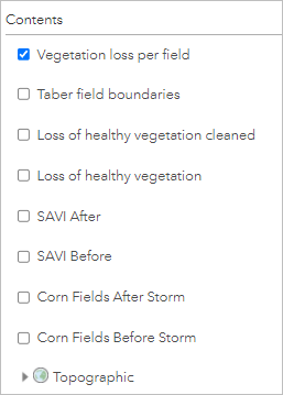 Turn off all layers except Vegetation loss per field.