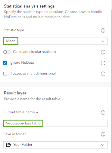 Statistic type and Output table name parameters