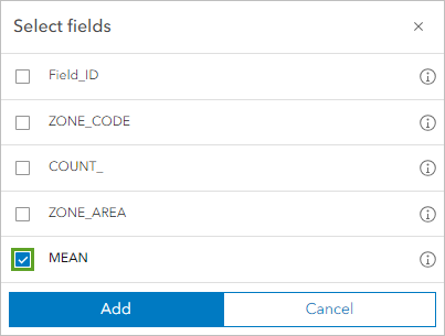 Mean option selected in the Add fields window