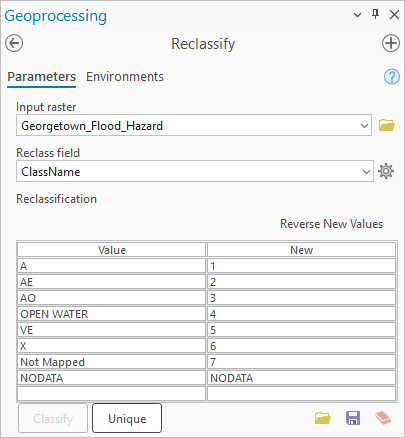 The Reclassify tool automatically populated with ClassName values from the Georgetown_Flood_Hazard layer