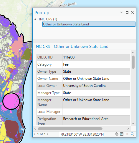 Pop-up window showing information from the Open Space Preservation layer