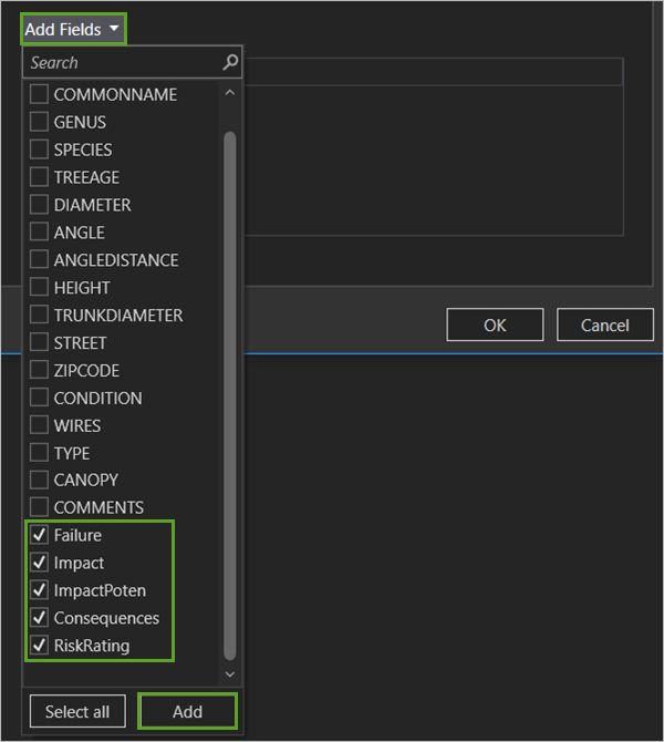 Attribute fields selected for the Field Group Risk Categorization in the Field Groups window