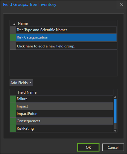 OK button in the Field Groups window