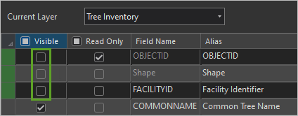 The Fields OBJECTID, Shape, and FACILITYID with the Visible column unchecked in the fields view