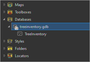 The Databases and treeinventory.gdb folders expanded in the Catalog pane