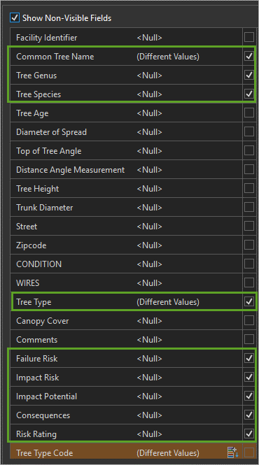 Selected fields to display for the selected feature templates