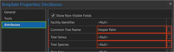 Attributes tab in the Template Properties window