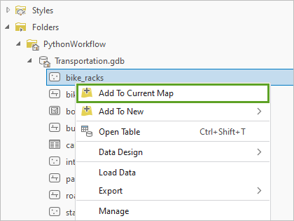 Right-click the bike_racks feature class and add it to the current map.