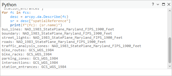 Report the spatial reference for each feature class in the list.