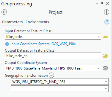 The Project tool with parameters set.