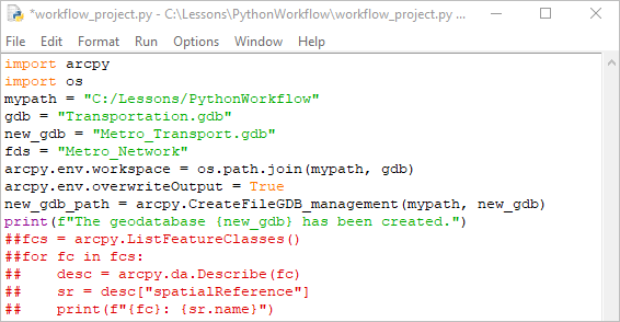 Add a line to print a formatted string indicating the geodatabase was created.