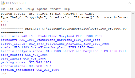 Results of first test, printed names of feature classes and spatial references