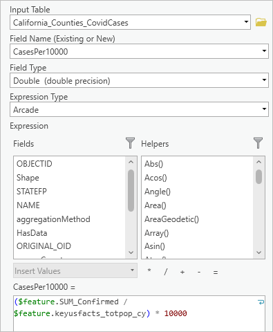 Calculate Field tool parameters for CasesPer10000 field