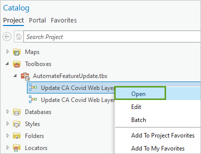 Open option in the tool's context menu