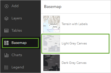 Light Gray Canvas basemap in the Basemap pane