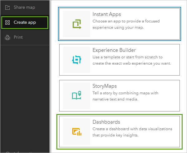 Dashboards option in the Create app menu
