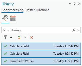 Three tools selected in the History pane