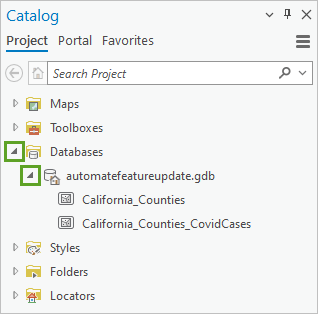Databases and AutomateFeatureUpdate.gdb expanded in the Catalog pane
