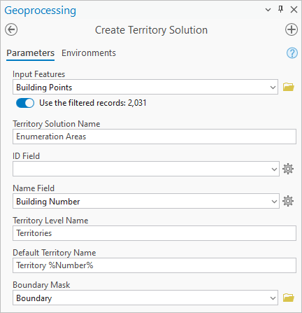 Create Territory Solution tool parameters