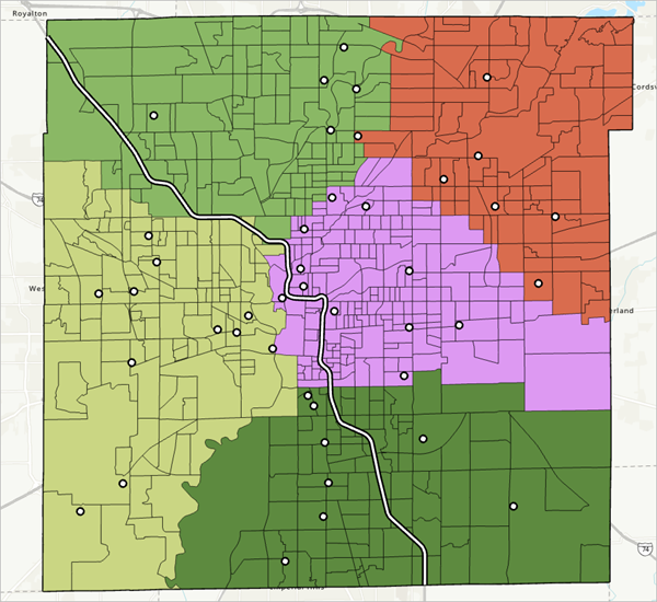 Map of Marion County divided into five territories