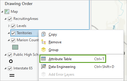 Territories layer in the Contents pane with Attribute Table option in its context menu