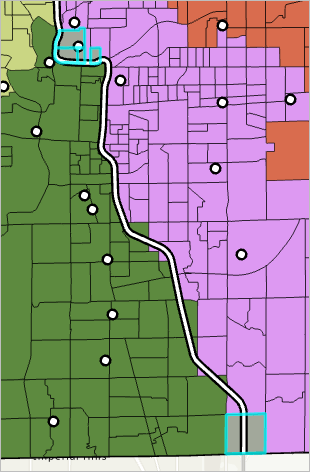 Three unassigned block group areas selected on the map