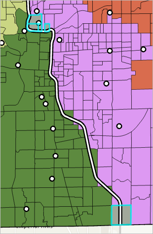 Five unassigned block group areas selected on the map