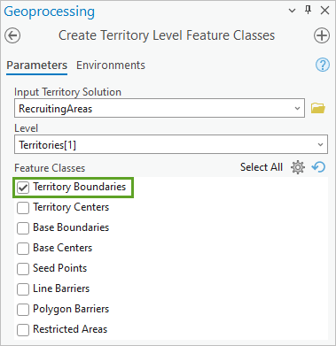 Create Territory Level Feature Classes tool with Territory Boundaries selected