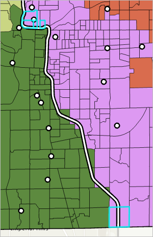 Three block groups selected on the map, symbolized as dark green