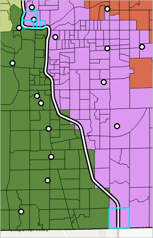 Five block groups selected on the map, symbolized as purple