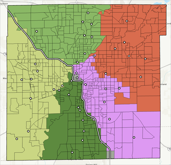 Map of Marion County divided into five territories