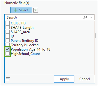 Population_Age_14_To_18 selected for Numeric Fields in the Chart Properties - Territories pane
