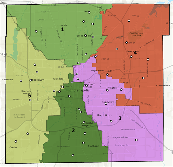 Map of Marion County divided into five territories, with the basemap visible, and numbered labels