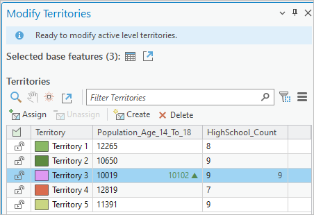 Assign To Territories pane with potential changes to population value