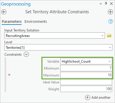 Set Territory Attribute Constraints tool with parameters filled in