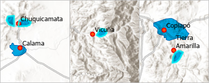 Three selected urban areas near populated places points