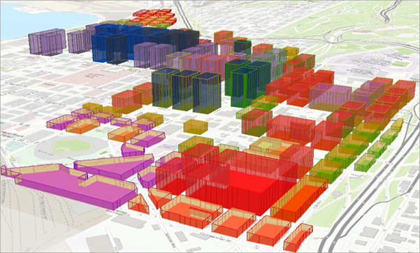 Zoomed out 3D view of downtown San Diego with buildings in multiple colors
